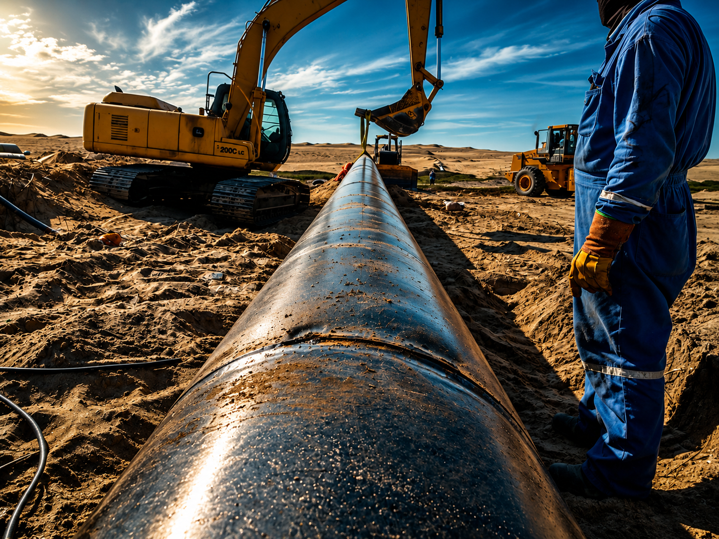 Tendido de ducto de gran diámetro en zanja con excavadora y supervisor SECOIVSA en campo